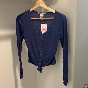 American Rag Navy Long-Sleeve Button-Front Tie Hem Top